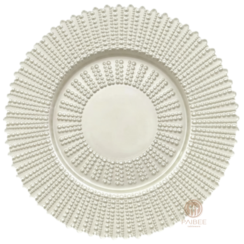 Multi-Color Beaded Dot Pattern Crystal Glass Charger Plate with Custom Options 二、产品关键词（7 个框，覆盖所有卖点）