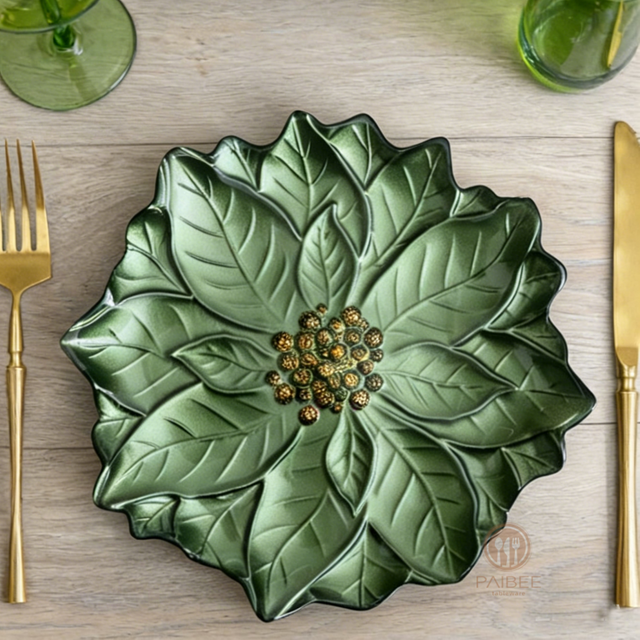 Multi-Color Poinsettia Flower Shaped Crystal Glass Charger Plate with Custom Options