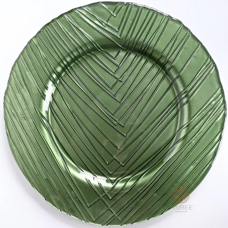 Multi-Color Geometric V-Pattern Crystal Glass Charger Plate with Custom Options