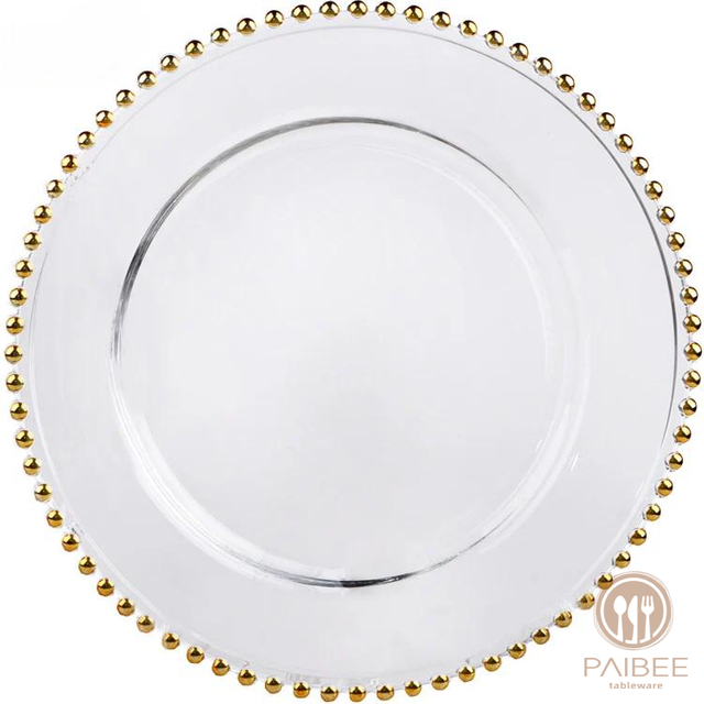 Gold Beaded Round Glass Charger Plates, Event Tabletop Decor