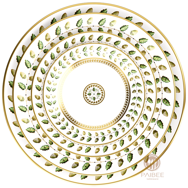 Acorn Oak Bay Leaf Premium Bone China Dinner Plate with Gold Edge