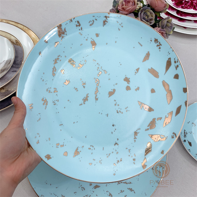 Fresh Sky Blue Metal Spots with Gold Edge Bone China Plate Ceramic Plate