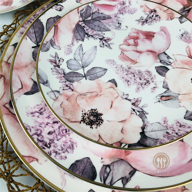 Creative And Beautiful Floral American Pastoral Style Ceramic Dinner Plate with Gold Edge