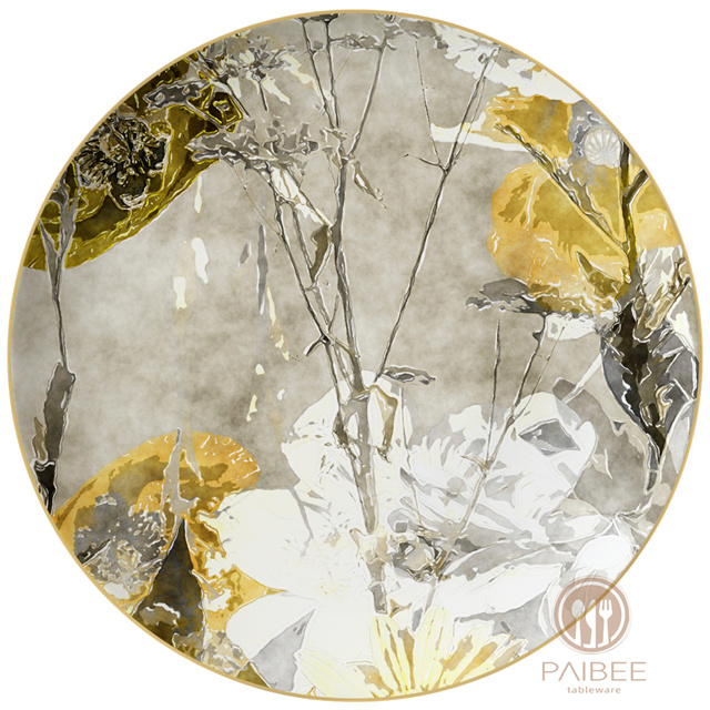 Gold And Silver Toned Bone China Plate with Detailed Abstract Floral Pattern