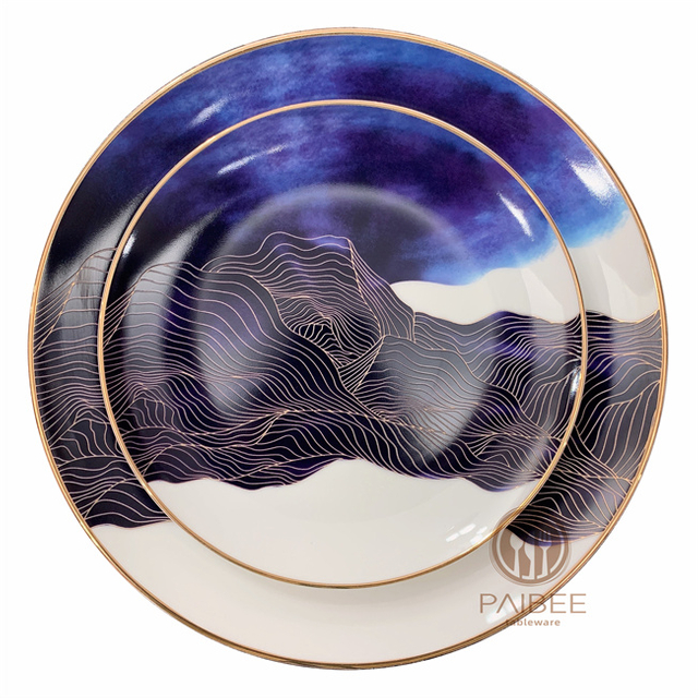 Matte Gold Rimmed Ceramic Plate Porcelain Dinner Bone China Plates Sets