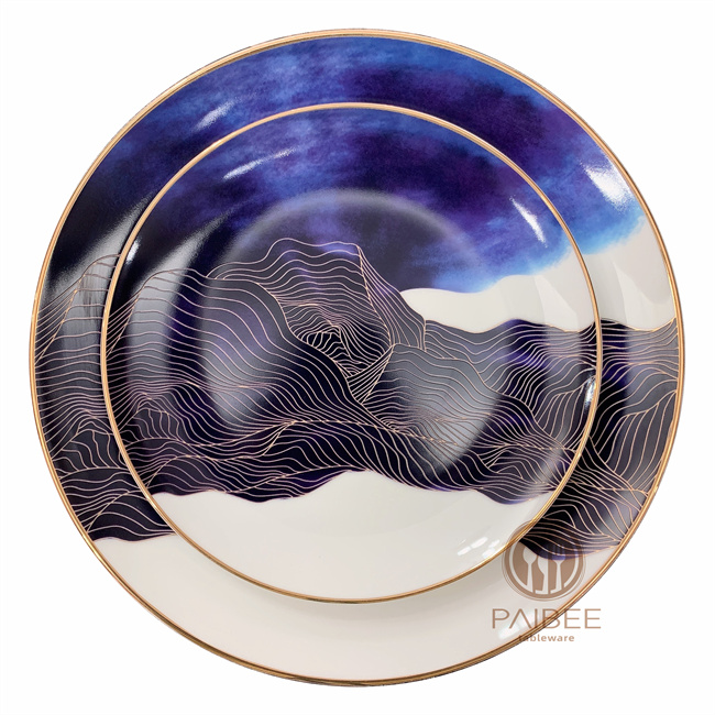 Matte Gold Rimmed Ceramic Plate Porcelain Dinner Bone China Plates Sets