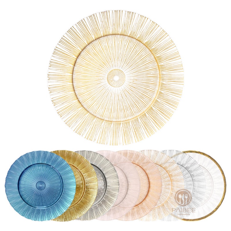 Multi-Color Sunburst Textured Crystal Glass Charger Plate with Custom Options
