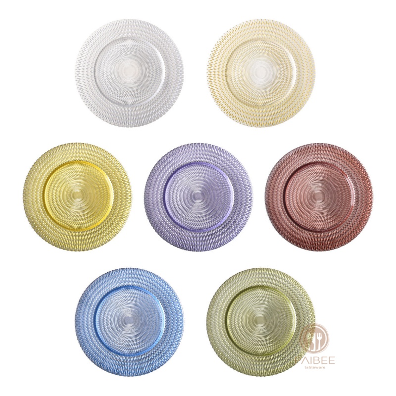Multi-Color Diamond-Cut Sunburst Crystal Glass Charger Plate with Custom Options