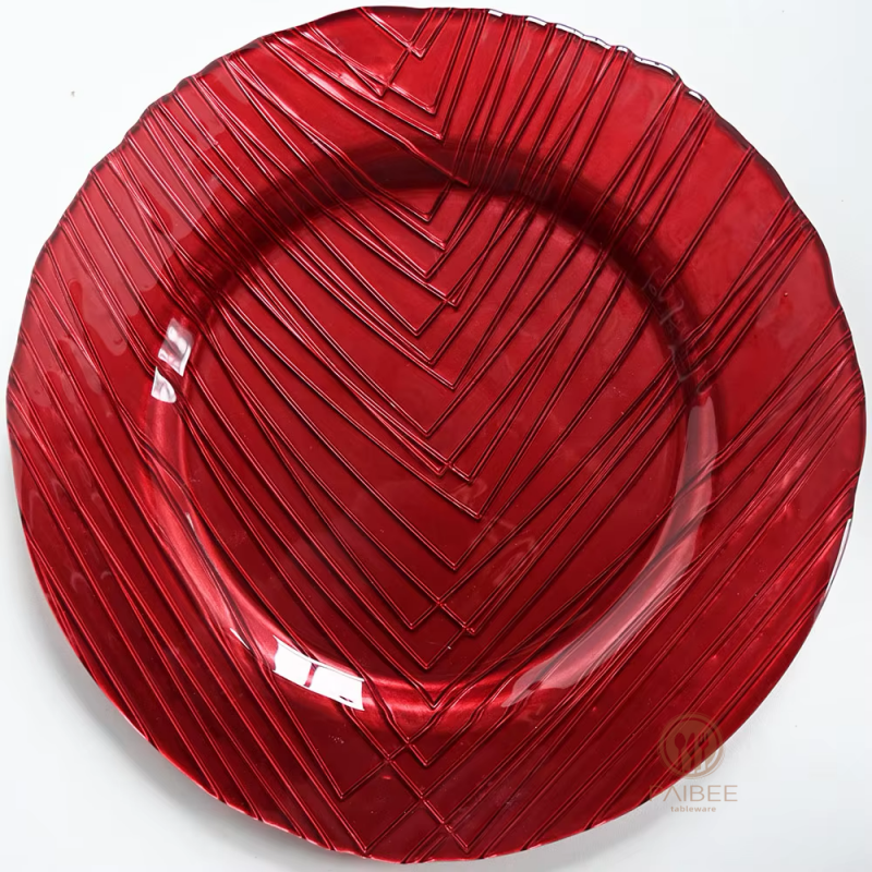 Multi-Color Geometric V-Pattern Crystal Glass Charger Plate with Custom Options