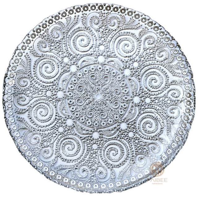 Multi-Color Ornate Swirl Embossed Crystal Glass Charger Plate with Custom Options