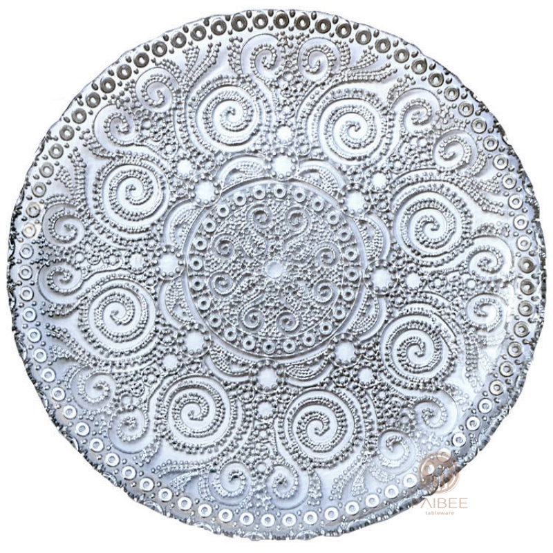 Multi-Color Ornate Swirl Embossed Crystal Glass Charger Plate with Custom Options