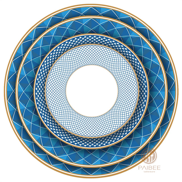 BLUE Wholesale Luxury Hotel Ceramic Charger Plate Gold Rim Porcelain Dinner Plate Bone China Dinnerware Set For Wedding