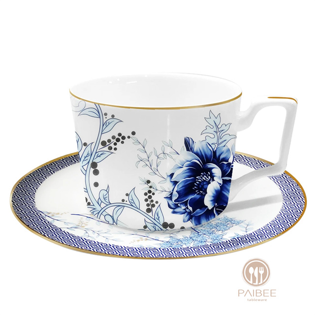 BLUE Factory Custom Print Pattern Ceramic Dinnerware Plate Hotel Gold Rim Charger Plate Bone China Dinner Plate Set For Restaurant