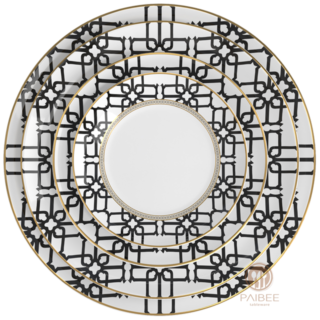 Simple Traditional Tableware with Gold Rims, Luxurious American Geometric Bone China Plates