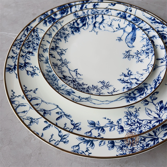 Elegant Blue And White Bird And Flower Bone China Dinner Plate Set
