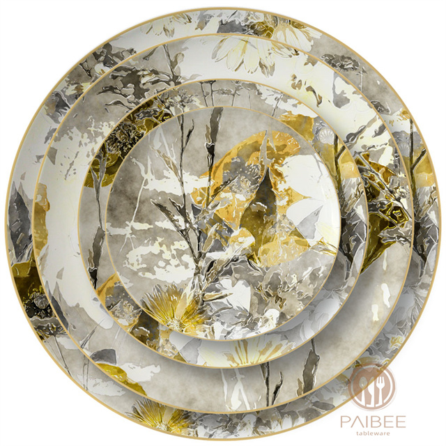 Gold And Silver Toned Bone China Plate with Detailed Abstract Floral Pattern