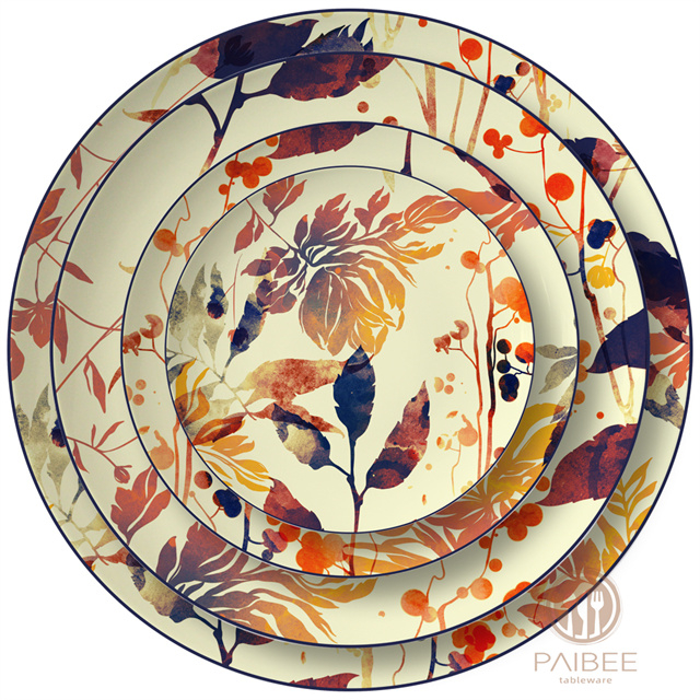 Countryside autumn pick with berry leaves and old warm yellow background vintage bone china plate