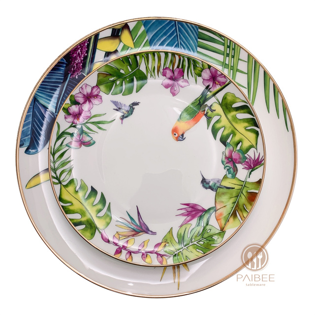 Hot Sale Parrot Bone China Tableware Gold Edge Bone China Plate