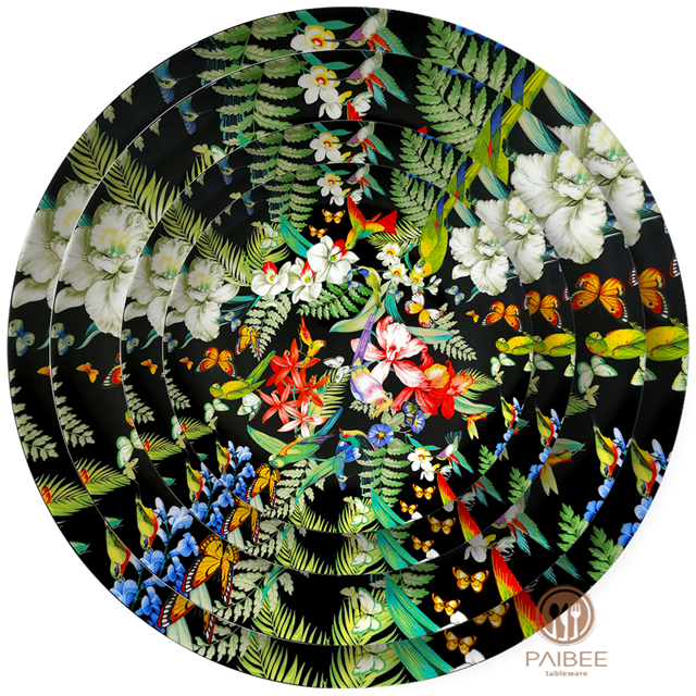 Bone China Decorative Plate with Black Background And Painted Flowers And Butterflies
