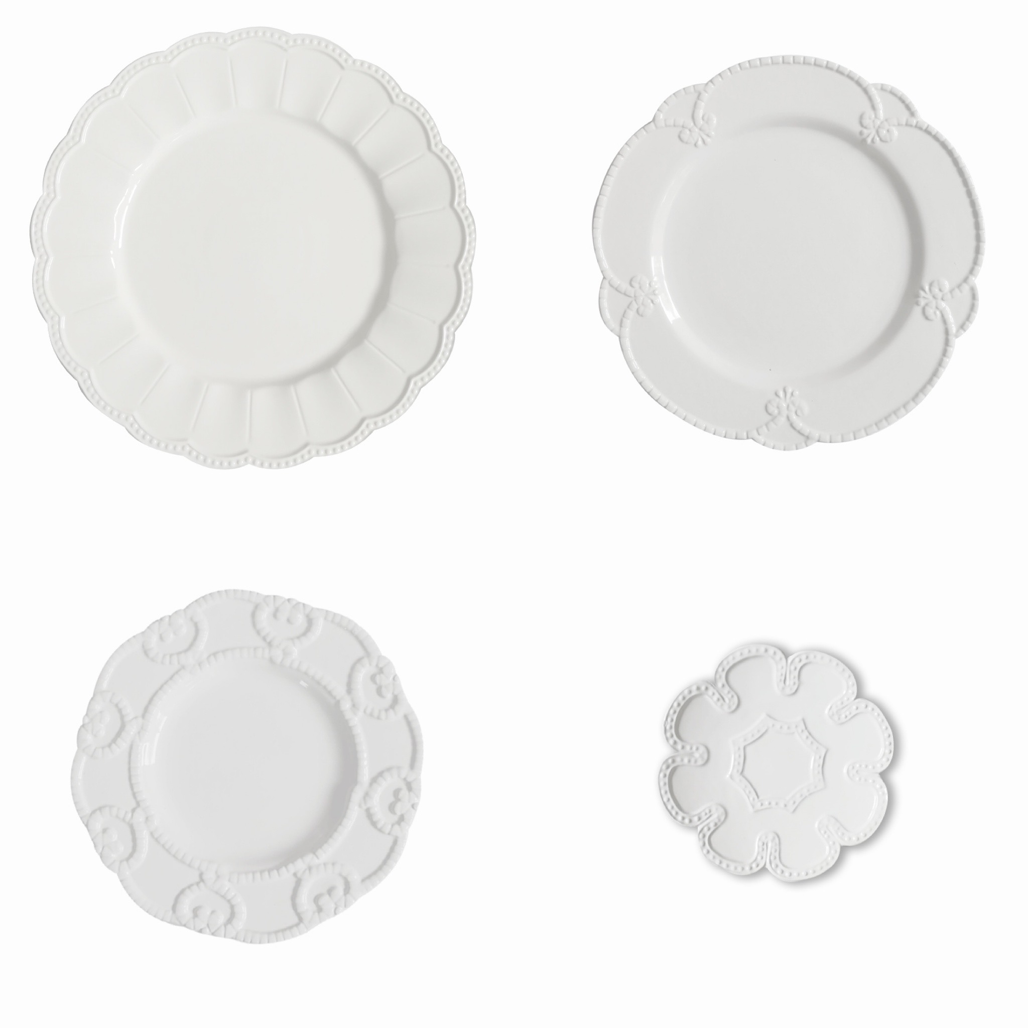 Embossed white bone china plate ceramic flower plate factory