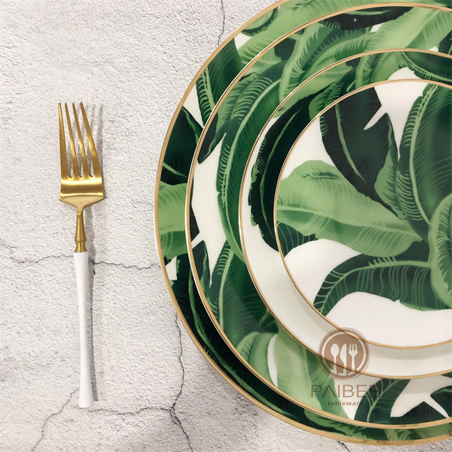 Green Banana Leaf Pattern Gold Rim Bone China Plates for Wedding