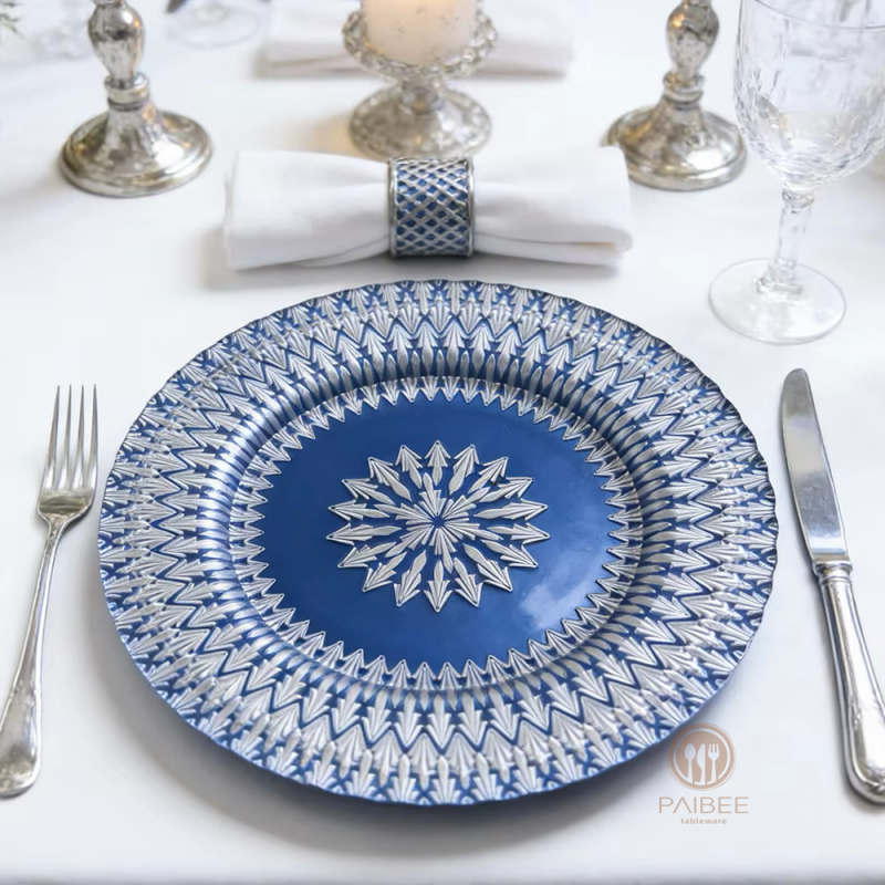 Multi-Color Starburst Snowflake Pattern Crystal Glass Charger Plate with Custom Options
