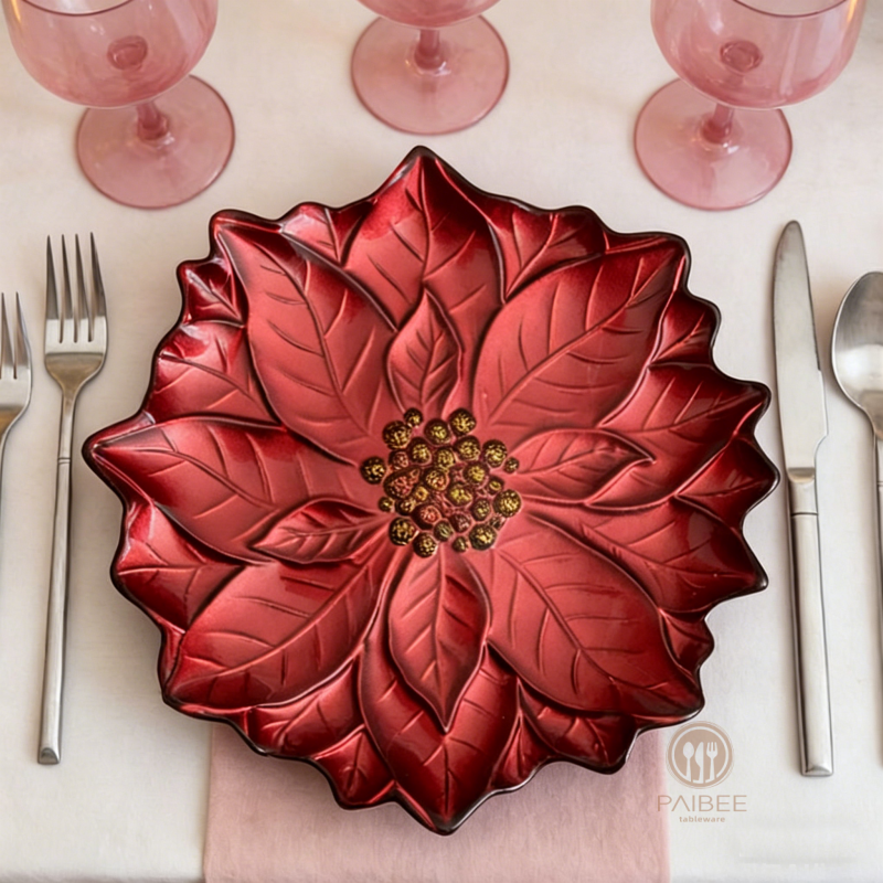 Multi-Color Poinsettia Flower Shaped Crystal Glass Charger Plate with Custom Options