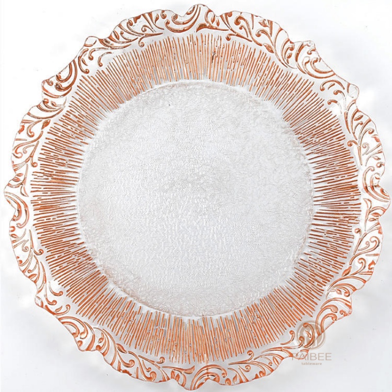 Multi-Color Baroque Ornate Rim Crystal Glass Charger Plate with Custom Options
