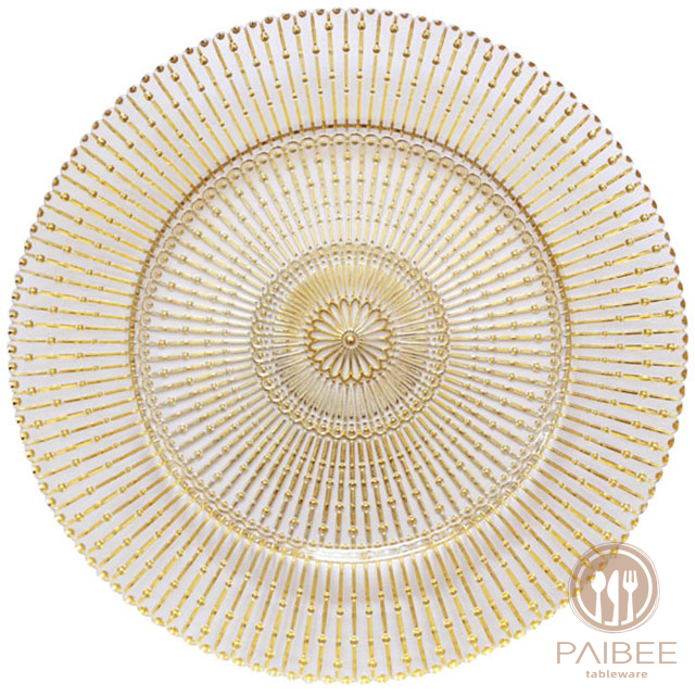 Paibee Tableware Wholesale Wedding Glass Charger Plates Gold Plated Dish