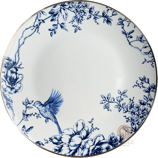 Elegant Blue And White Bird And Flower Bone China Dinner Plate Set