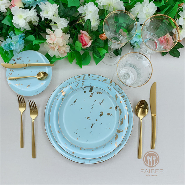 Fresh Sky Blue Metal Spots with Gold Edge Bone China Plate Ceramic Plate