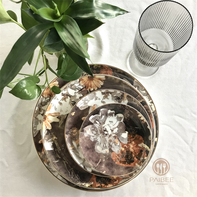 Oil painting style floral bone china plate creative western plate tableware set