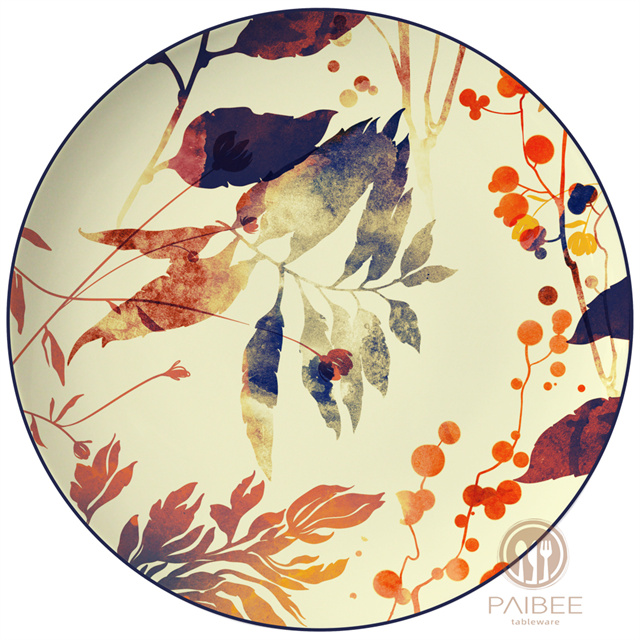 Countryside autumn pick with berry leaves and old warm yellow background vintage bone china plate