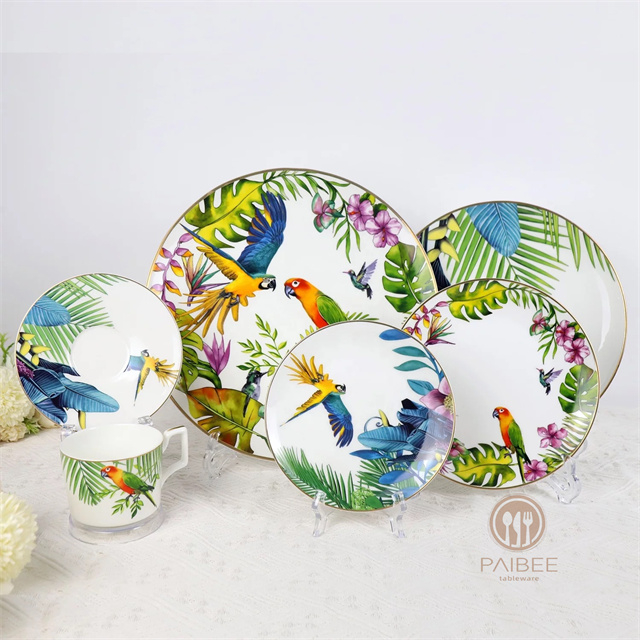 Hot Sale Parrot Bone China Tableware Gold Edge Bone China Plate