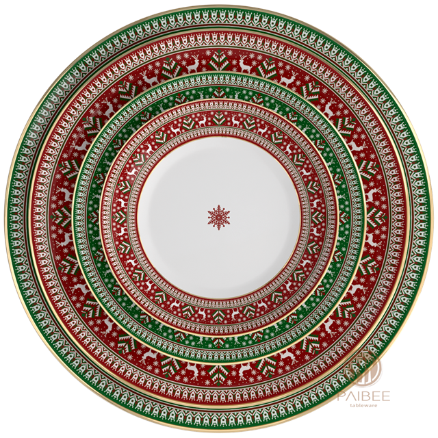 Christmas Style Christmas Tree Elk Red And Green Color Matching Gold Rim Premium Dinner Plate