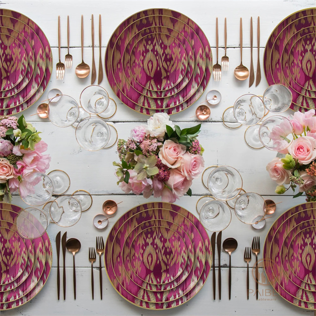 ROSE Wholesale Unique Design Dizziness Pattern Art Ceramic Dinner Plate Dish Bone China Dinnerware For Party Event