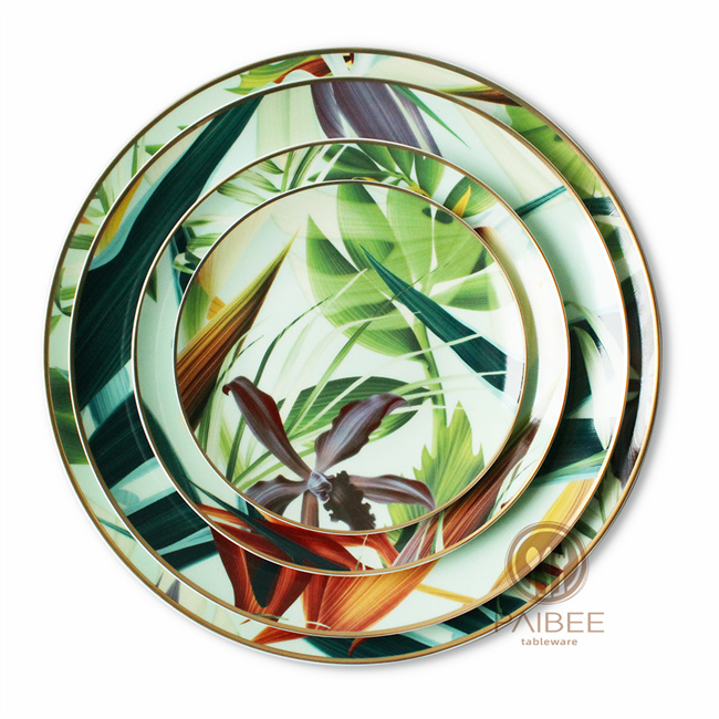 Wholesale Tropical Rainforest Pattern Wedding Dinner Bone China Ceramic Plate Set
