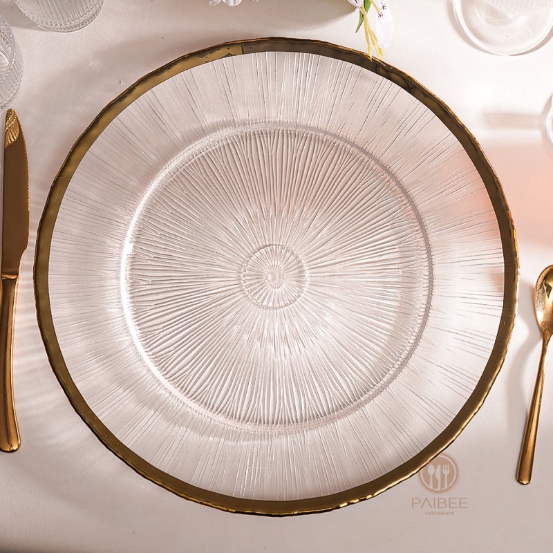 Multi-Color Sunburst Textured Crystal Glass Charger Plate with Custom Options