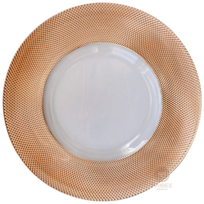 Multi-Color Grid Pattern Metallic Rim Crystal Glass Charger Plate with Custom Options