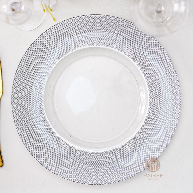 Multi-Color Grid Pattern Metallic Rim Crystal Glass Charger Plate with Custom Options