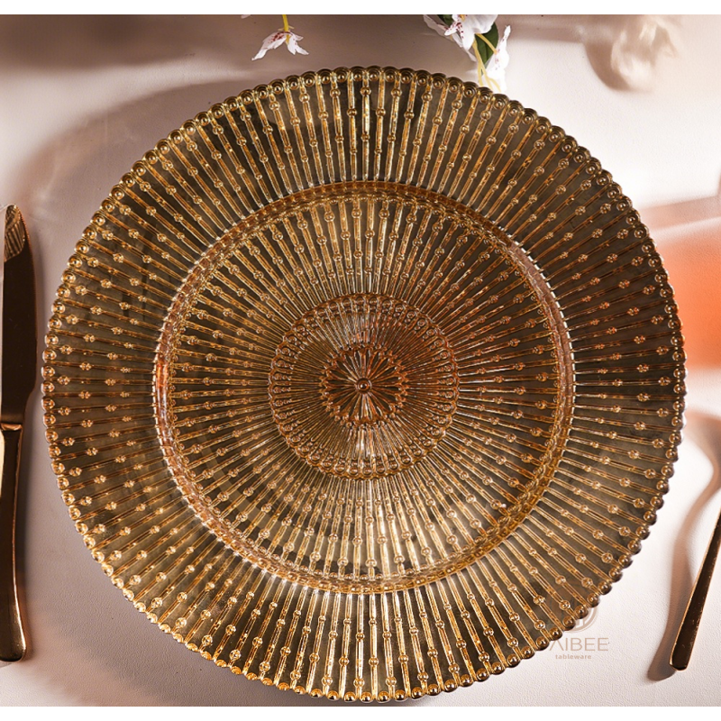 Radiant Clear Sunburst Crystal Glass Charger Plate with Custom Color Options
