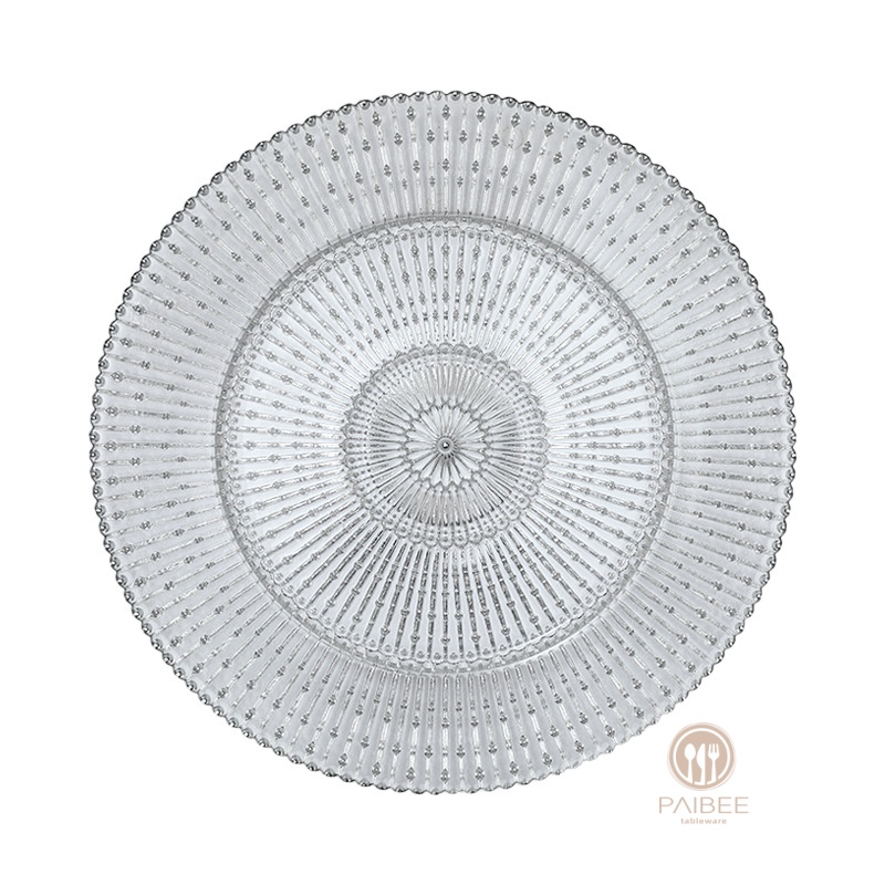 Radiant Clear Sunburst Crystal Glass Charger Plate with Custom Color Options