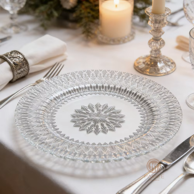 Multi-Color Starburst Snowflake Pattern Crystal Glass Charger Plate with Custom Options