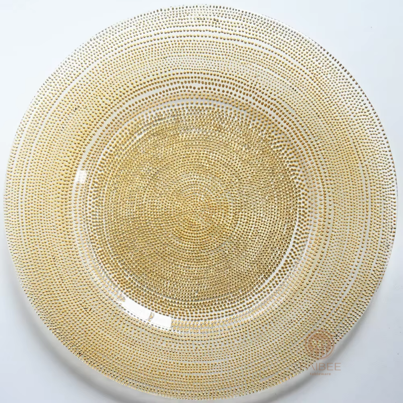Multi-Color Concentric Dot Pattern Crystal Glass Charger Plate with Custom Options