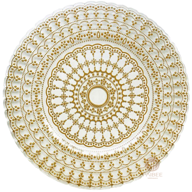 Multi-Color Lace Mandala Pattern Crystal Glass Charger Plate with Custom Options