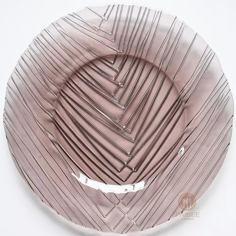 Multi-Color Geometric V-Pattern Crystal Glass Charger Plate with Custom Options