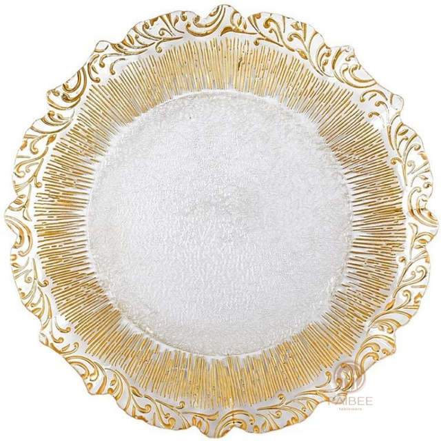 Multi-Color Baroque Ornate Rim Crystal Glass Charger Plate with Custom Options