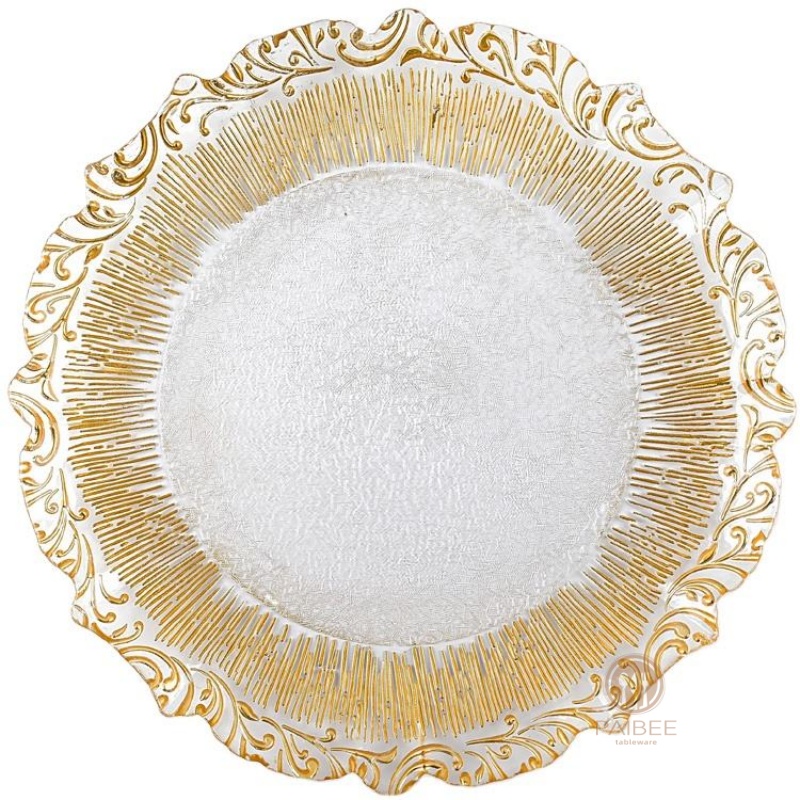 Multi-Color Baroque Ornate Rim Crystal Glass Charger Plate with Custom Options