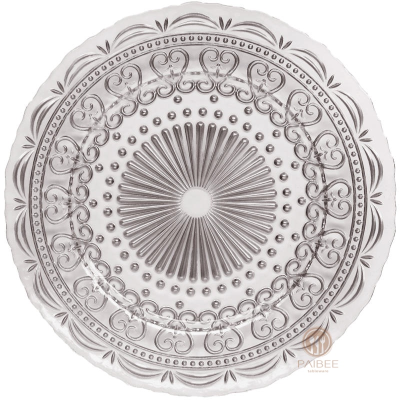 Multi-Color Vintage Embossed Crystal Glass Charger Plate with Custom Options