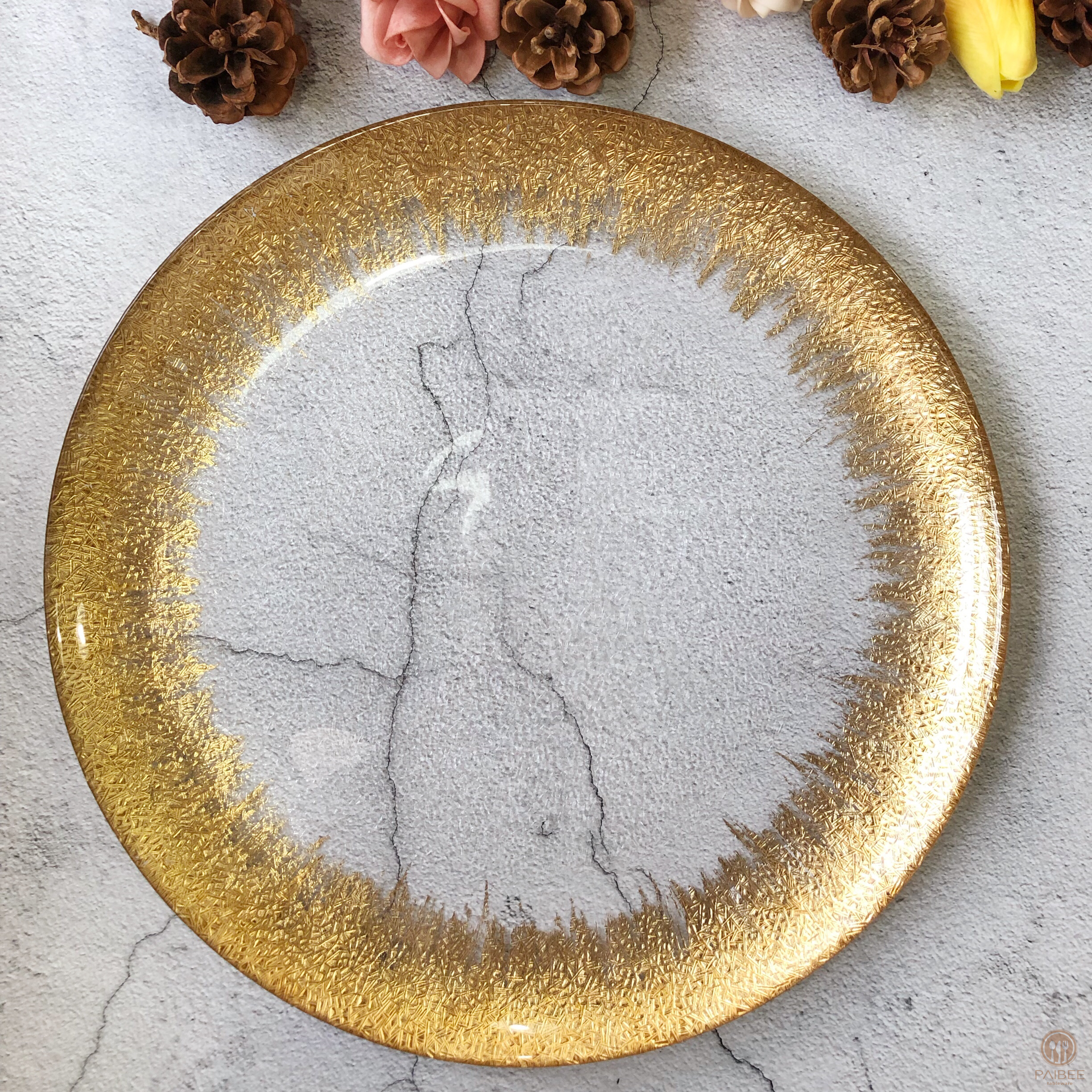  Brush Gold Foil Rim Glass Charger Plates Modern Glam Look Bulk Set Of 4 Table Setting for Wedding